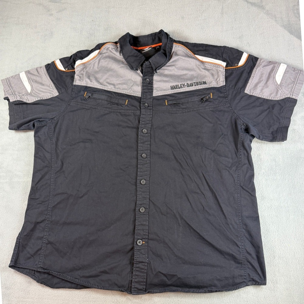 Harley-Davidson Mens 3XL Colorblock Button Up Garage Shirt Black Grey Orange - Picture 3 of 13